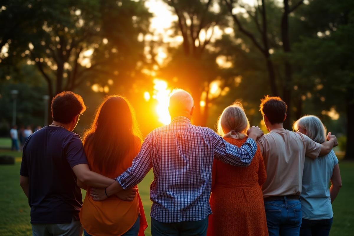 Community with arms around each other at sunset
