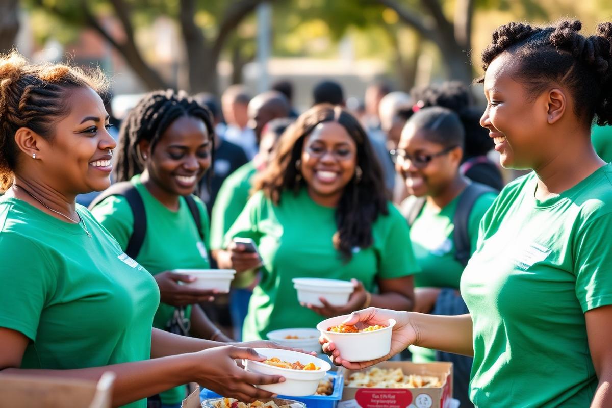 Volunteers serving food at an outreach event
